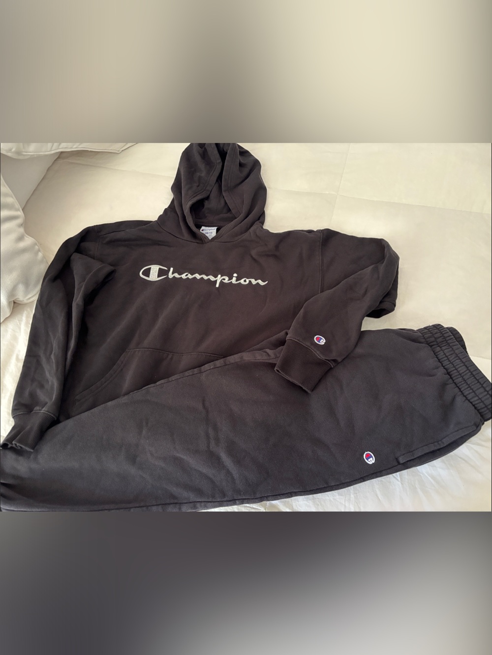 Champion Black Hoodie and pants with White Script Logo